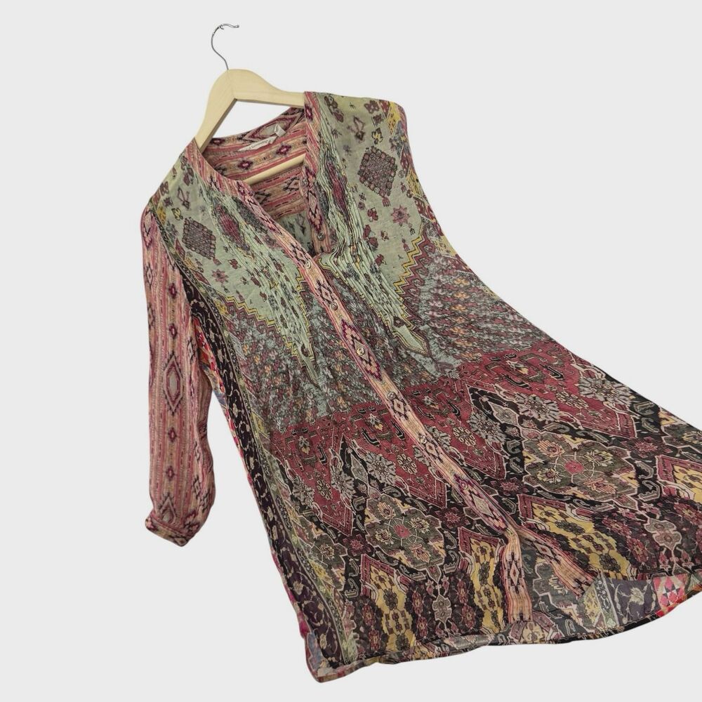 Soft Surroundings Medium Makara Tunic Button Up Sheer 3/4 Sleeve Womens READ